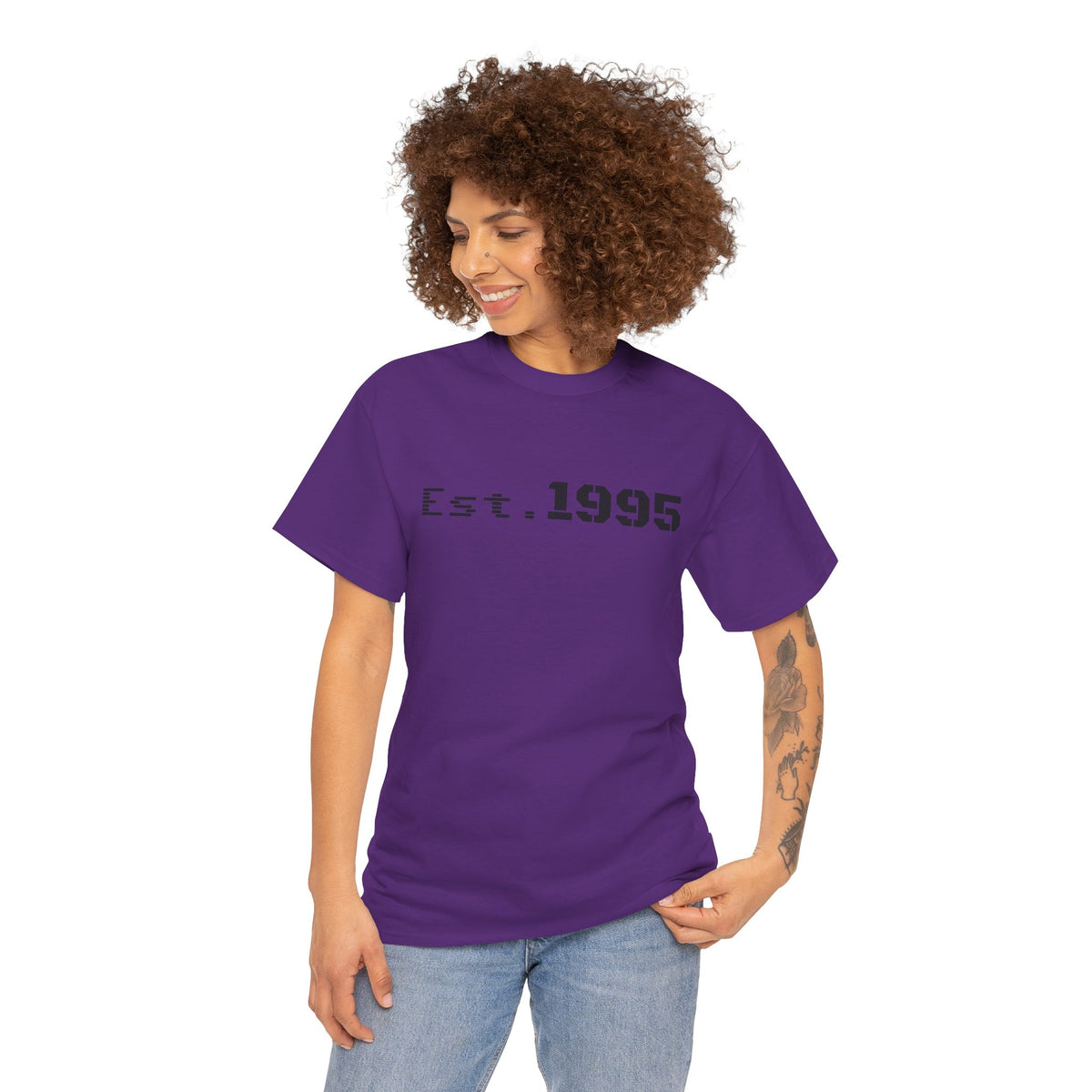 Vintage minimalist white T-shirt with "Est. 1995" print, celebrating a birth year, by Printify.