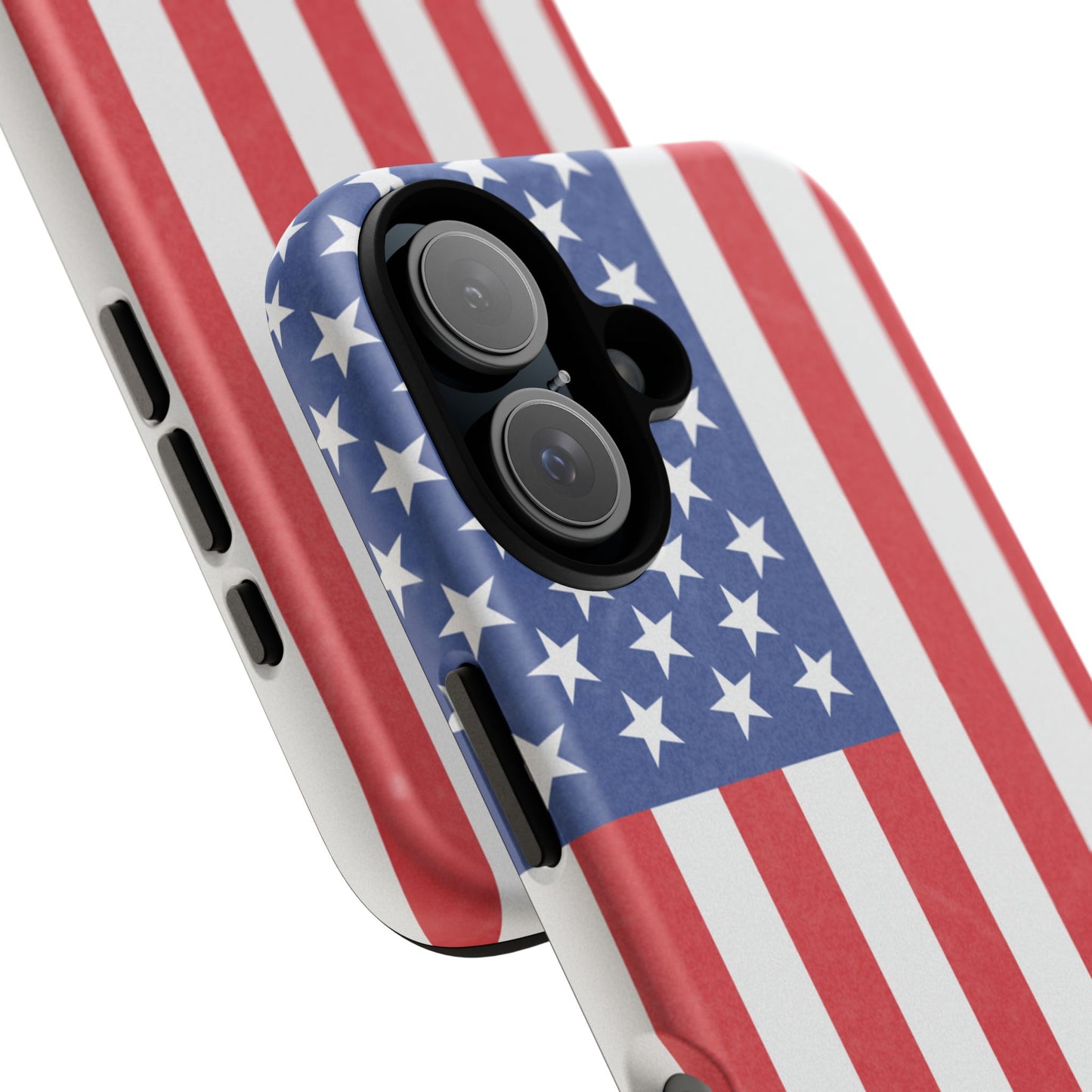 American flag tough phone case for iPhone and Samsung, patriotic protective cover with bold flag design from Printify.