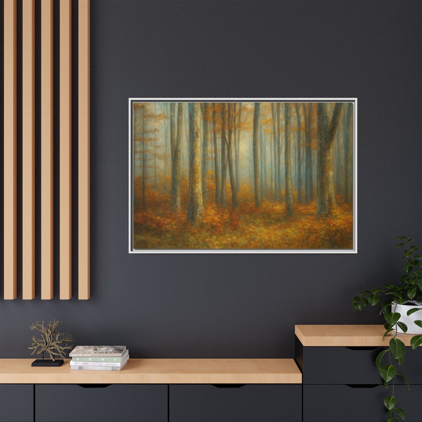 Framed autumn forest canvas print featuring misty woodland scene, wall art by Printify with natural forest colors and detailed imagery.