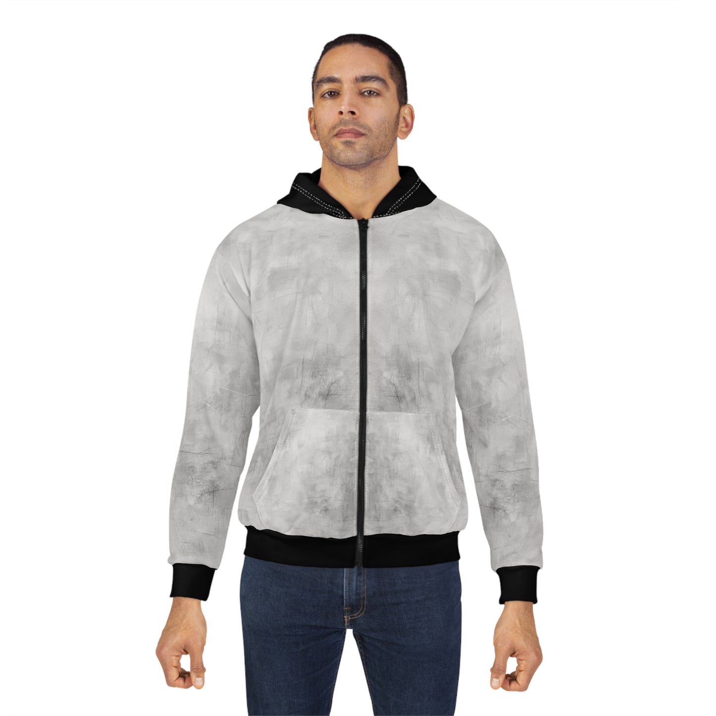 Gray marble tie-dye print zip hoodie with all-over marble pattern and full zip closure, by Printify.