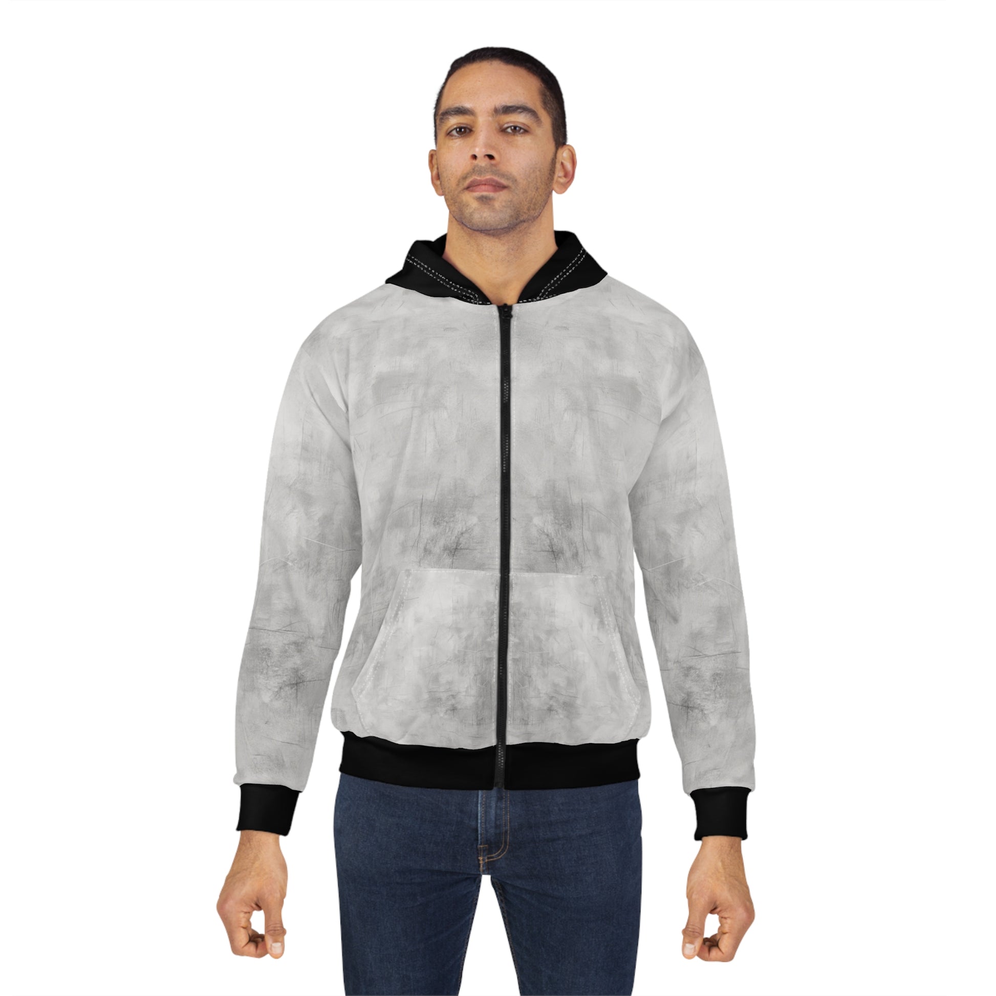 Gray marble tie-dye print zip hoodie with all-over marble pattern and full zip closure, by Printify.