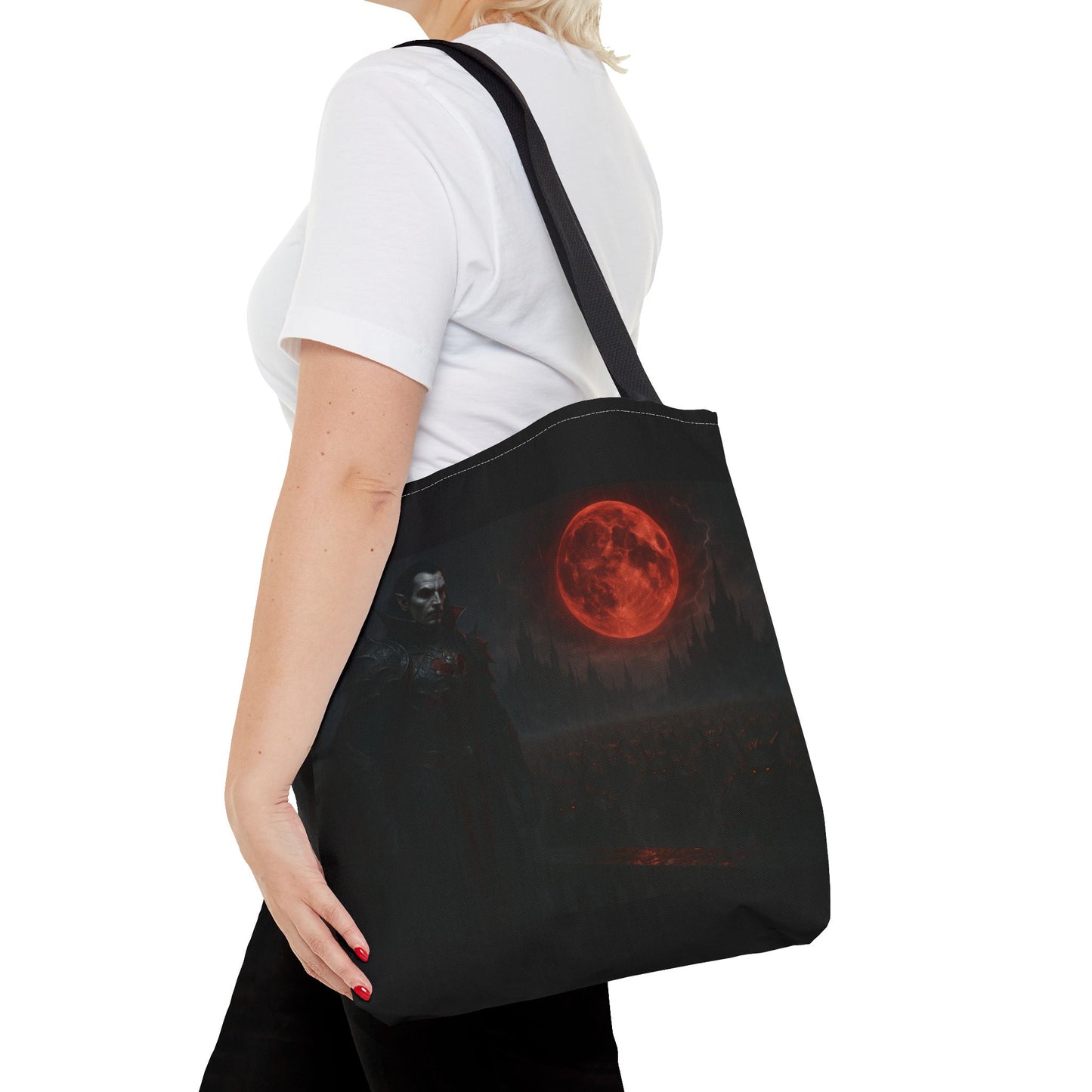 Gothic Dracula tote bag with moonlit vampire art, featuring dark, spooky design perfect for Halloween and gothic fashion.