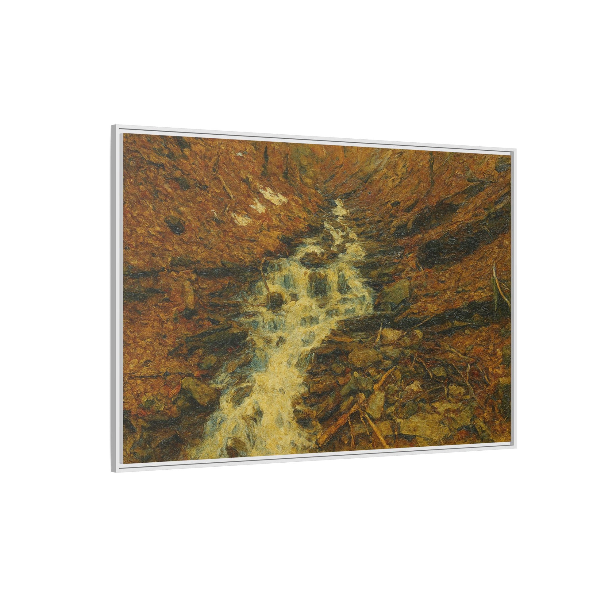 Framed matte canvas print of autumn stream landscape artwork, featuring vibrant fall foliage and serene water scene.