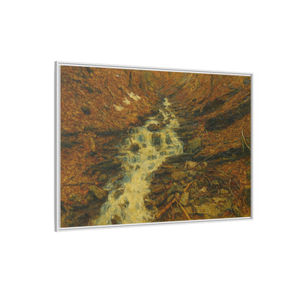 Framed matte canvas print of autumn stream landscape artwork, featuring vibrant fall foliage and serene water scene.
