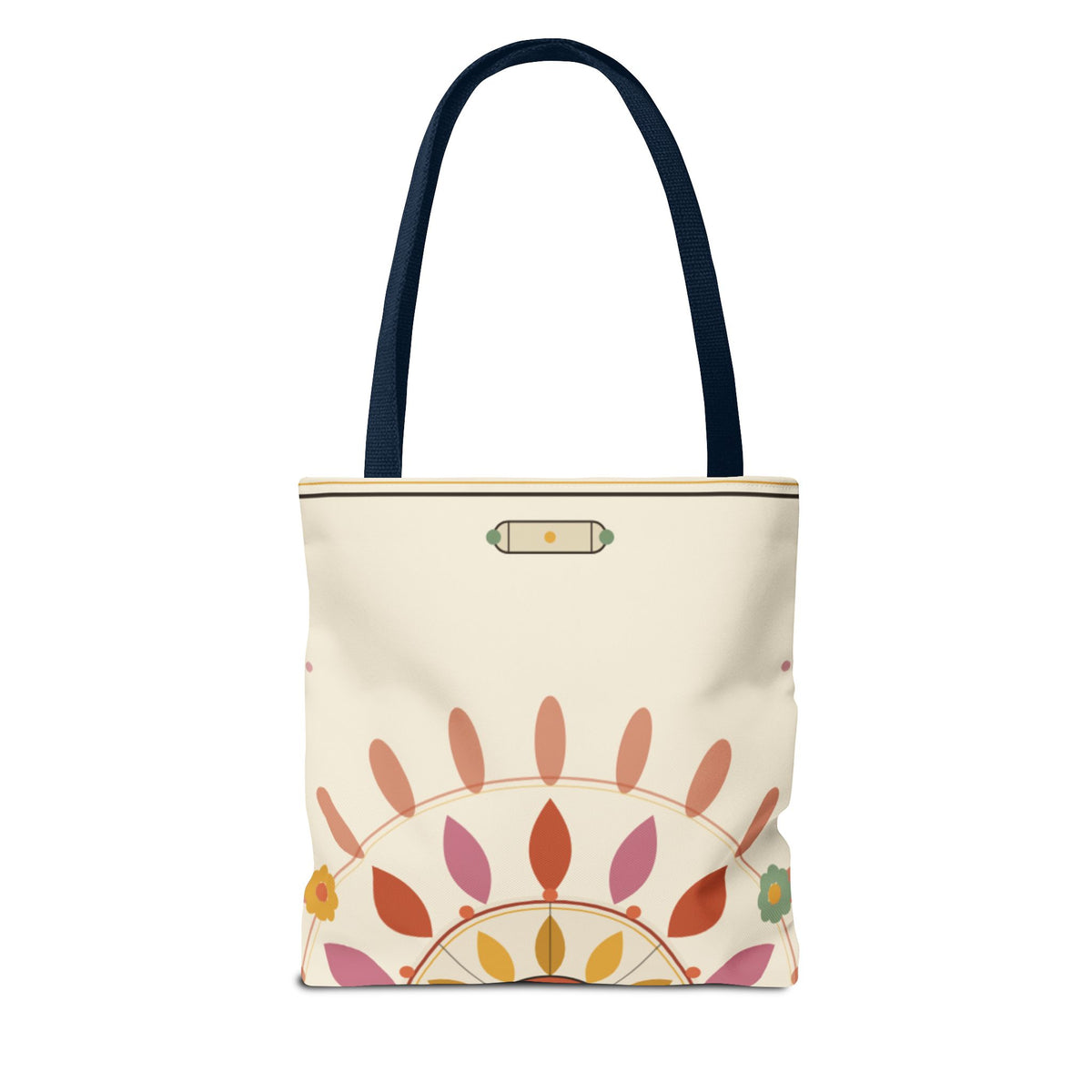 Boho floral mandala tote bag with pastel sunburst pattern, printed by Printify, featuring vibrant bohemian floral and mandala design.