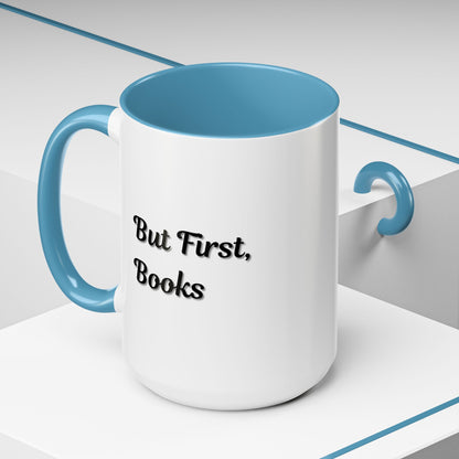 Printify "But First, Books" coffee mug with book lover quote, 11oz ceramic mug featuring a white background and black text.