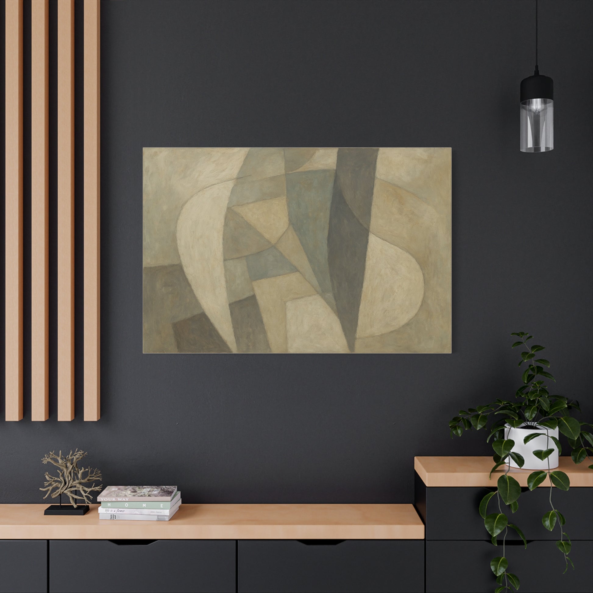 Abstract neutral geometric shapes on matte canvas, modern wall art by Printify featuring minimalist design and neutral tones.