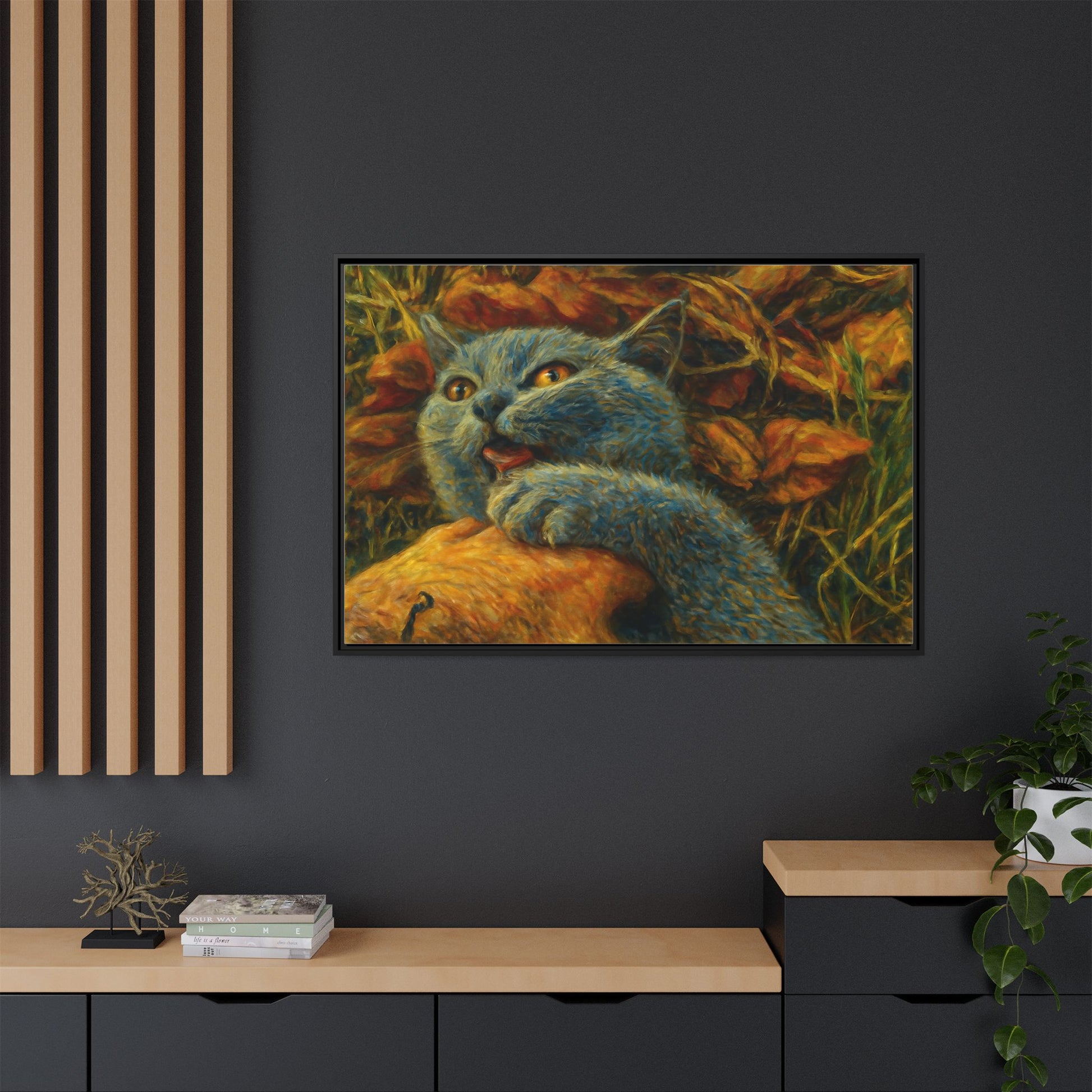 Blue cat canvas print featuring whimsical wall art, perfect for cat lovers and decorative home decor.
