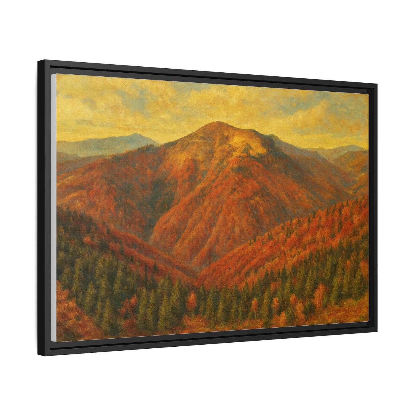 Autumn mountain matte canvas framed wall art by Printify featuring a scenic mountain landscape in warm autumn tones