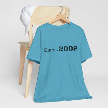 Vintage Est. 2002 T-Shirt by Printify featuring a classic design celebrating the year established, casual unisex style.