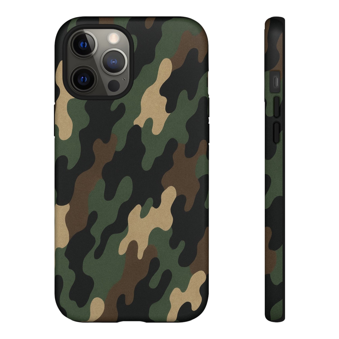 Camouflage tough phone case by Printify, rugged protective design with green and brown camo pattern for smartphone protection.