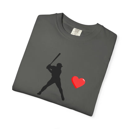 White baseball batter heart T-shirt by Printify featuring a vintage-style baseball player illustration on the front.