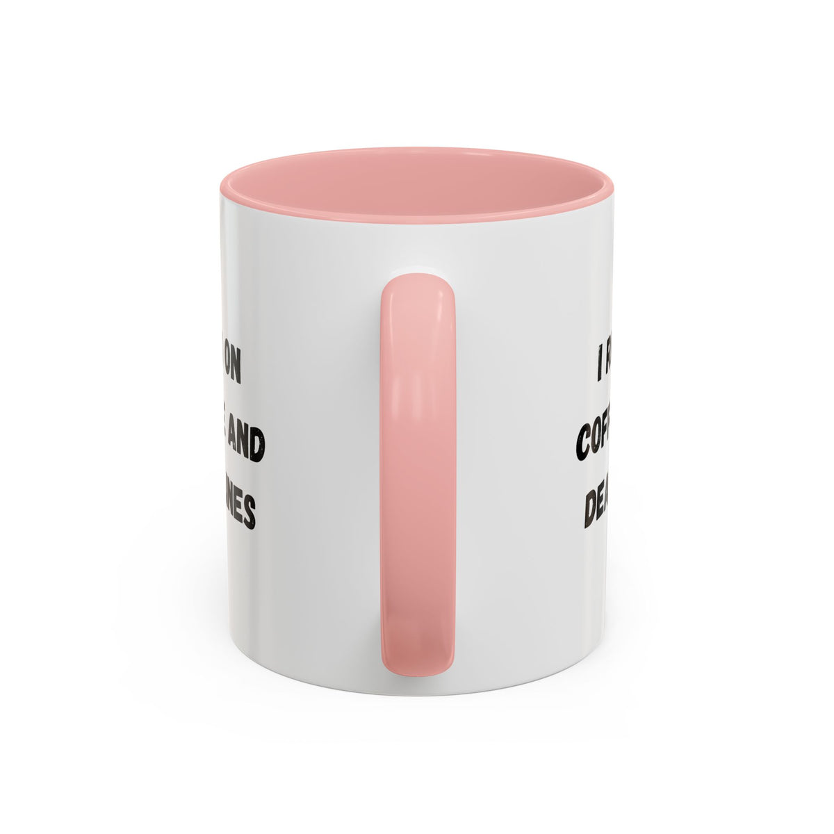 White ceramic coffee mug with "I Run on Coffee and Deadlines" printed in black text, featuring a handle and printed by Printify.