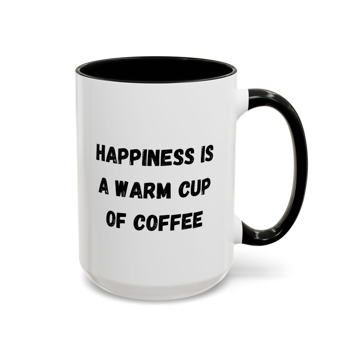 Printify ceramic coffee mug with "Happiness Is A Warm Cup Of Coffee" quote, white mug with black text and handle.