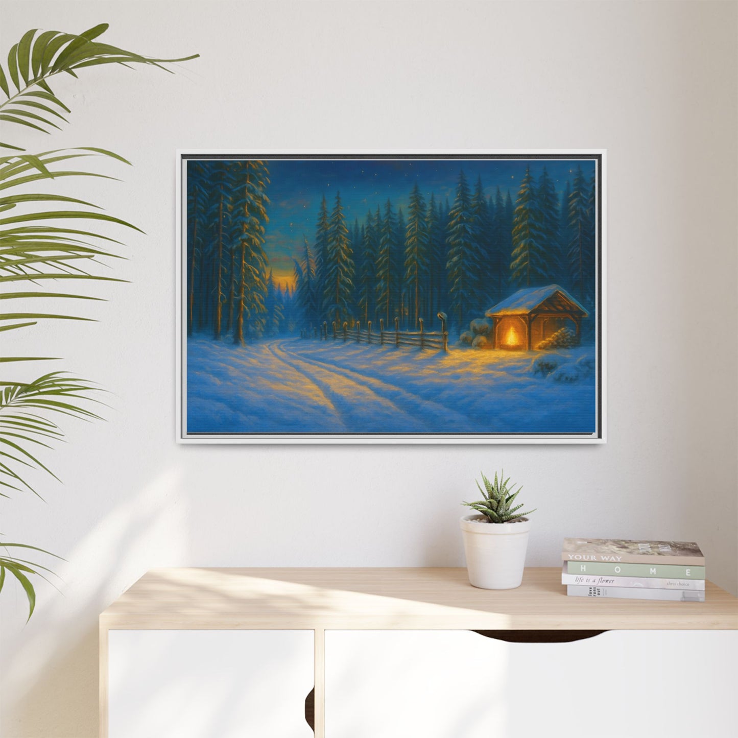 Cozy winter cabin canvas wall art by Printify featuring a snowy forest evening scene in a matte framed print.