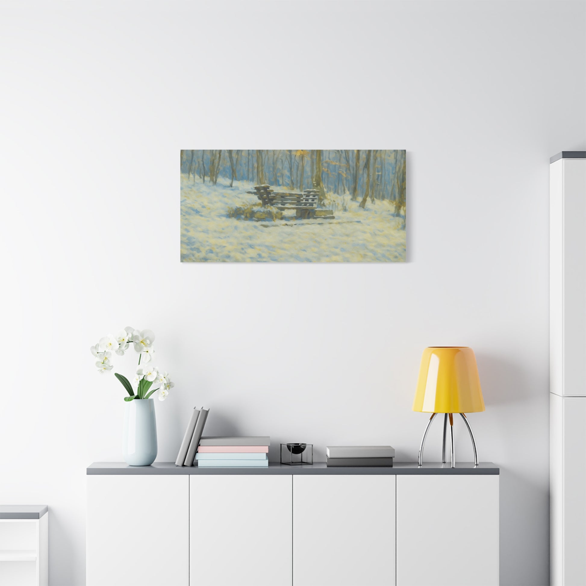 Snowy park bench matte canvas print featuring winter woodland scene, stretched 1.25-inch wall art by Printify.