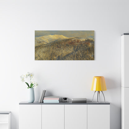 Winter mountain landscape matte canvas print by Printify, stretched 1.25 inches, featuring a scenic mountain scene with snow and trees.