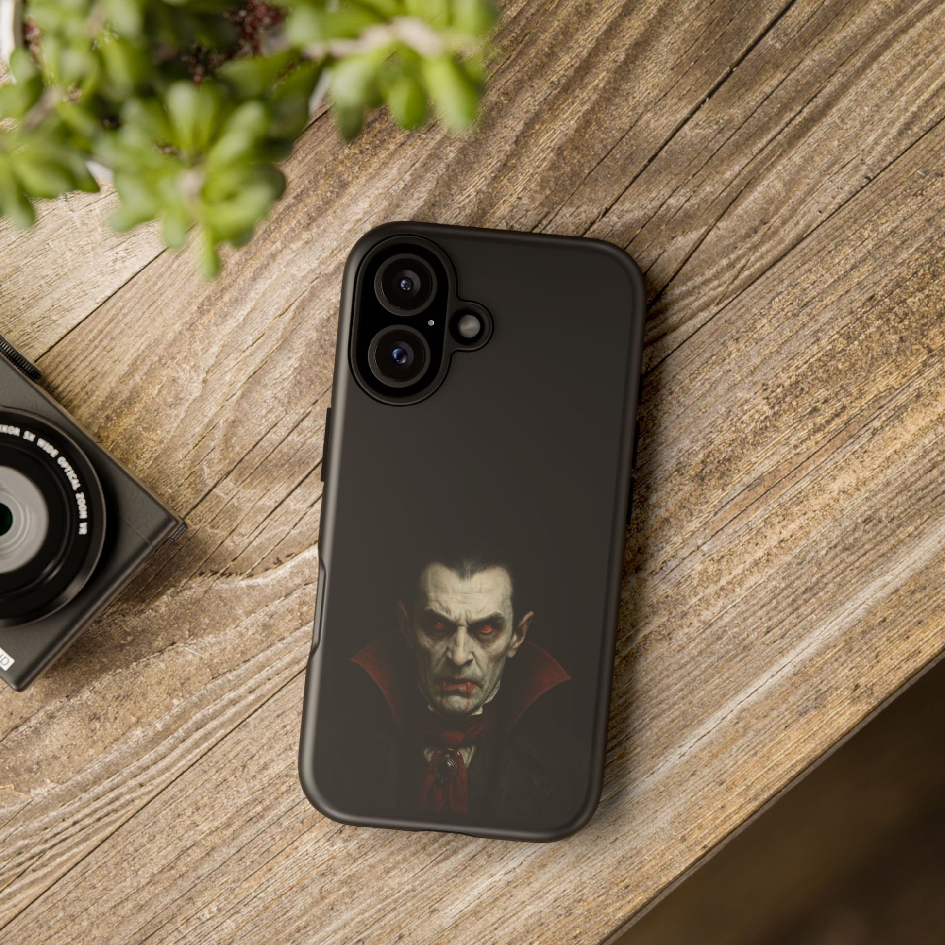 Gothic Dracula vampire portrait phone case for iPhone, featuring dark horror artwork, designed by Printify for a spooky look.