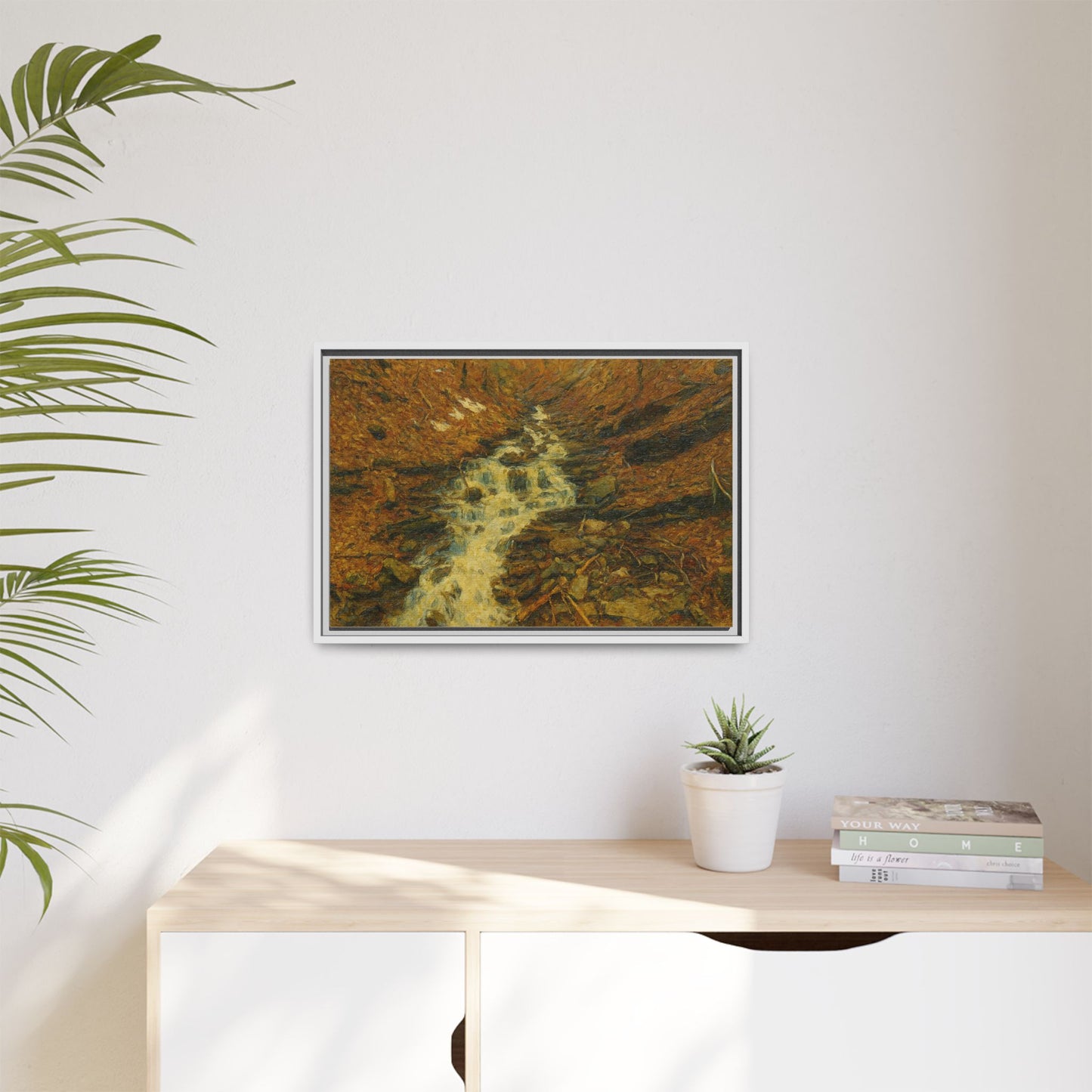 Framed matte canvas print of autumn stream landscape artwork by Printify, showcasing colorful fall trees and flowing water scene.