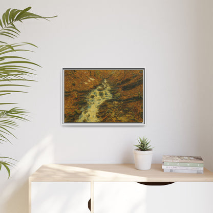Framed matte canvas print of autumn stream landscape artwork by Printify, showcasing colorful fall trees and flowing water scene.
