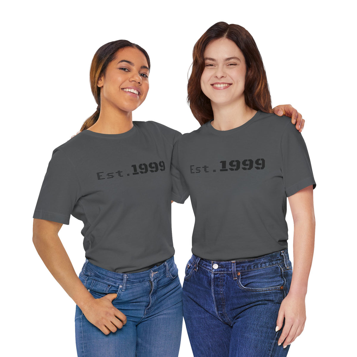 Vintage black T-shirt with "Est. 1999" print, minimalist design, by Printify, showcasing the front view of the birth year tee.
