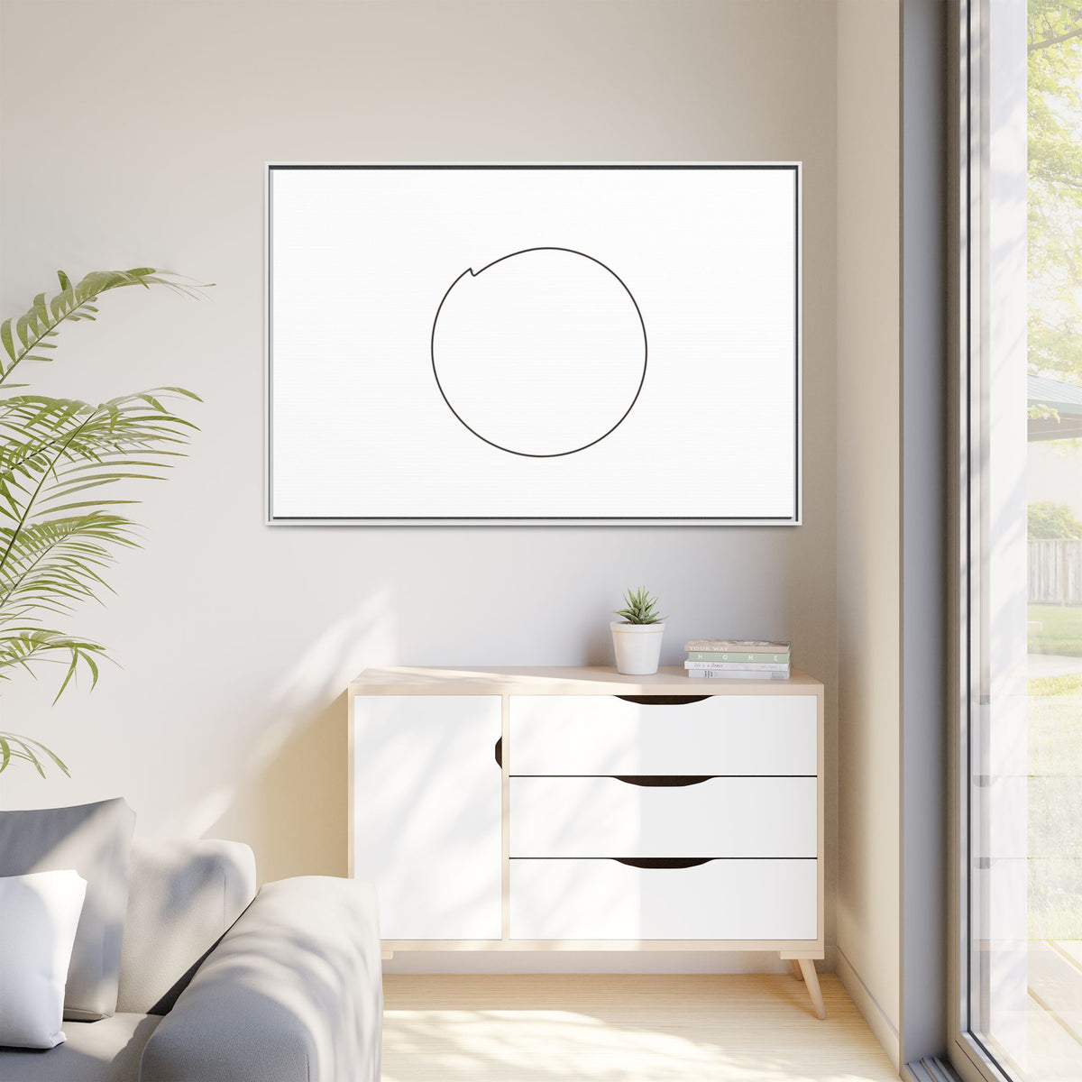 Framed matte canvas wall art featuring a minimal circular line design by Printify, ideal for modern home decor.