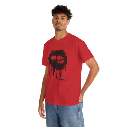 Black graphic T-shirt by Printify featuring dripping lips with 'hmm...' bite design on the front.