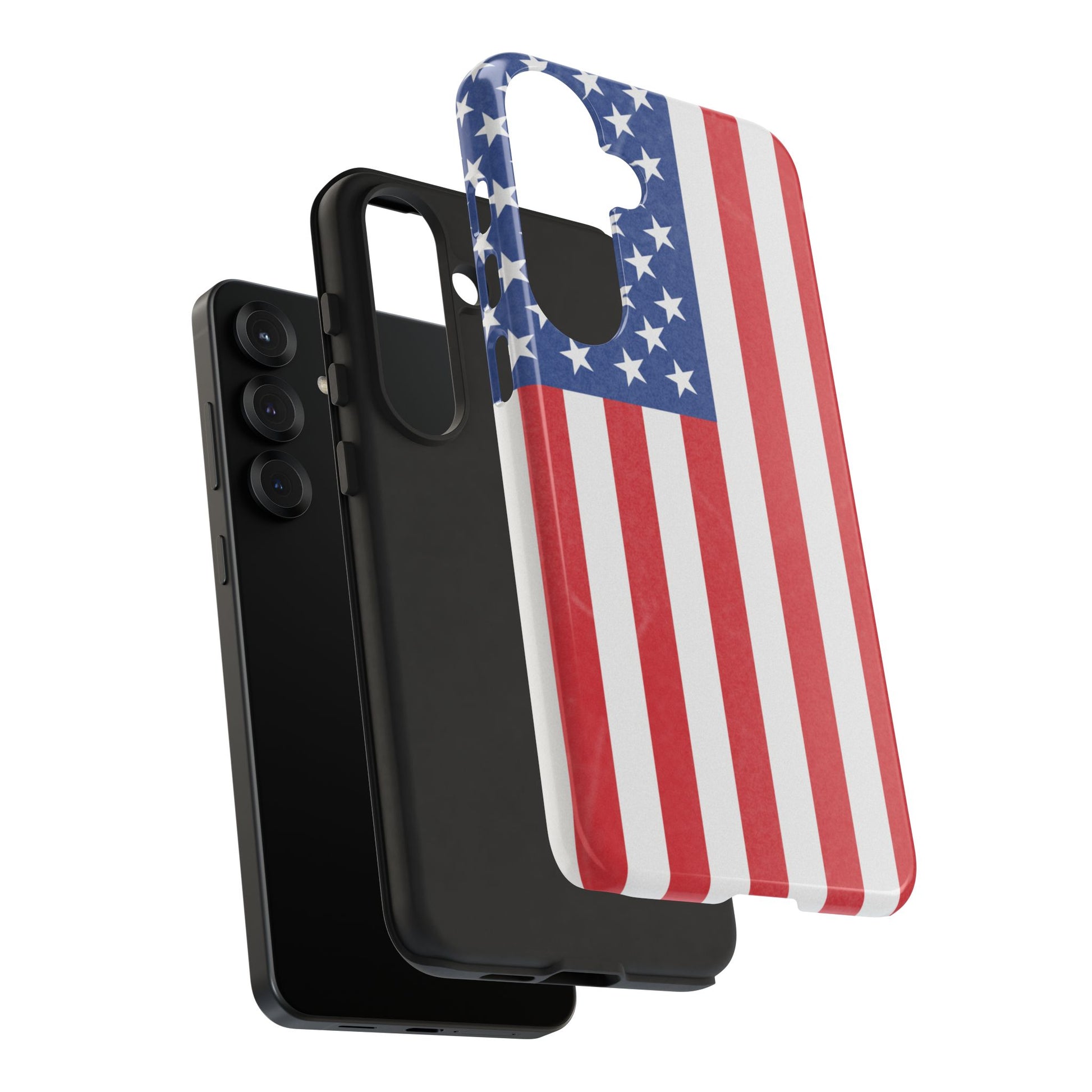 American flag tough phone case for iPhone and Samsung, patriotic protective cover with bold flag design by Printify