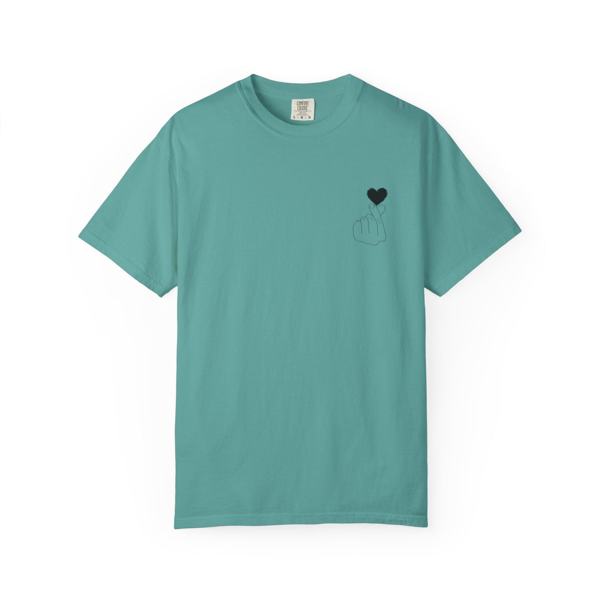 Black T-shirt with minimal white finger heart graphic design, casual style, by Printify.