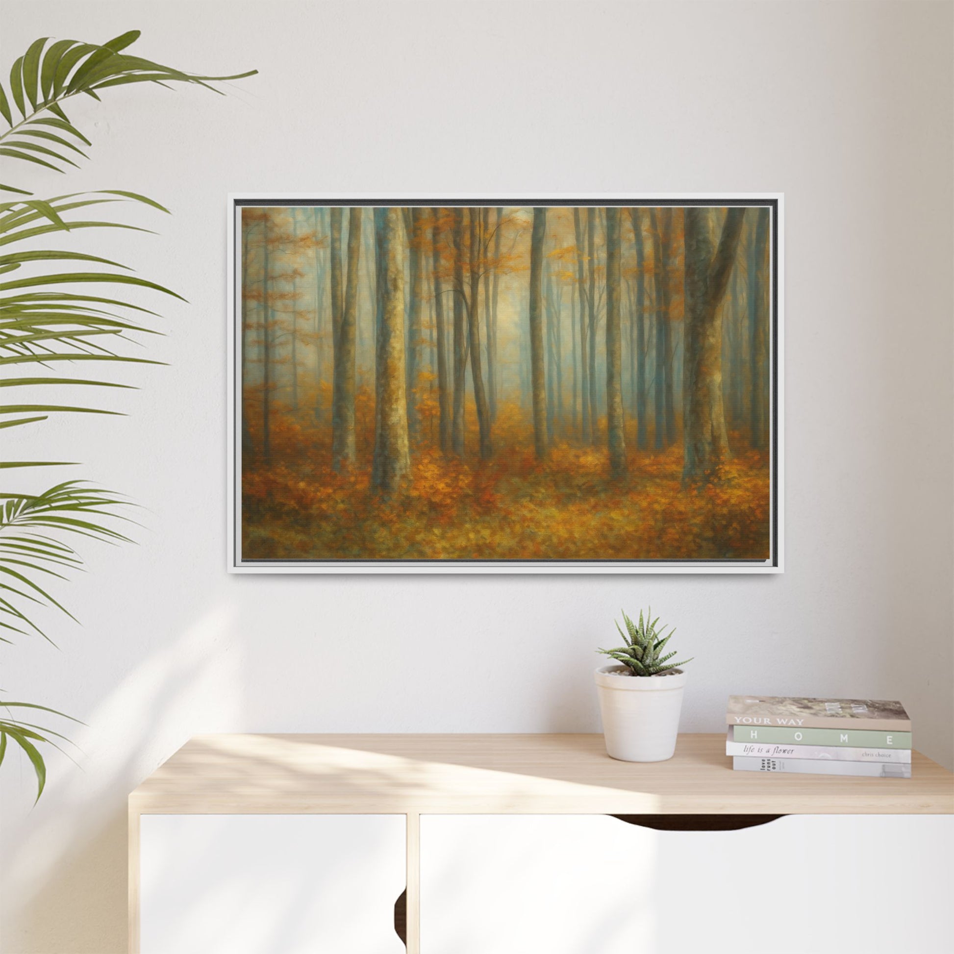 Framed autumn forest canvas print featuring misty woodland scene, wall art from Printify with natural woodland colors.