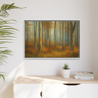 Framed autumn forest canvas print featuring misty woodland scene, wall art from Printify with natural woodland colors.