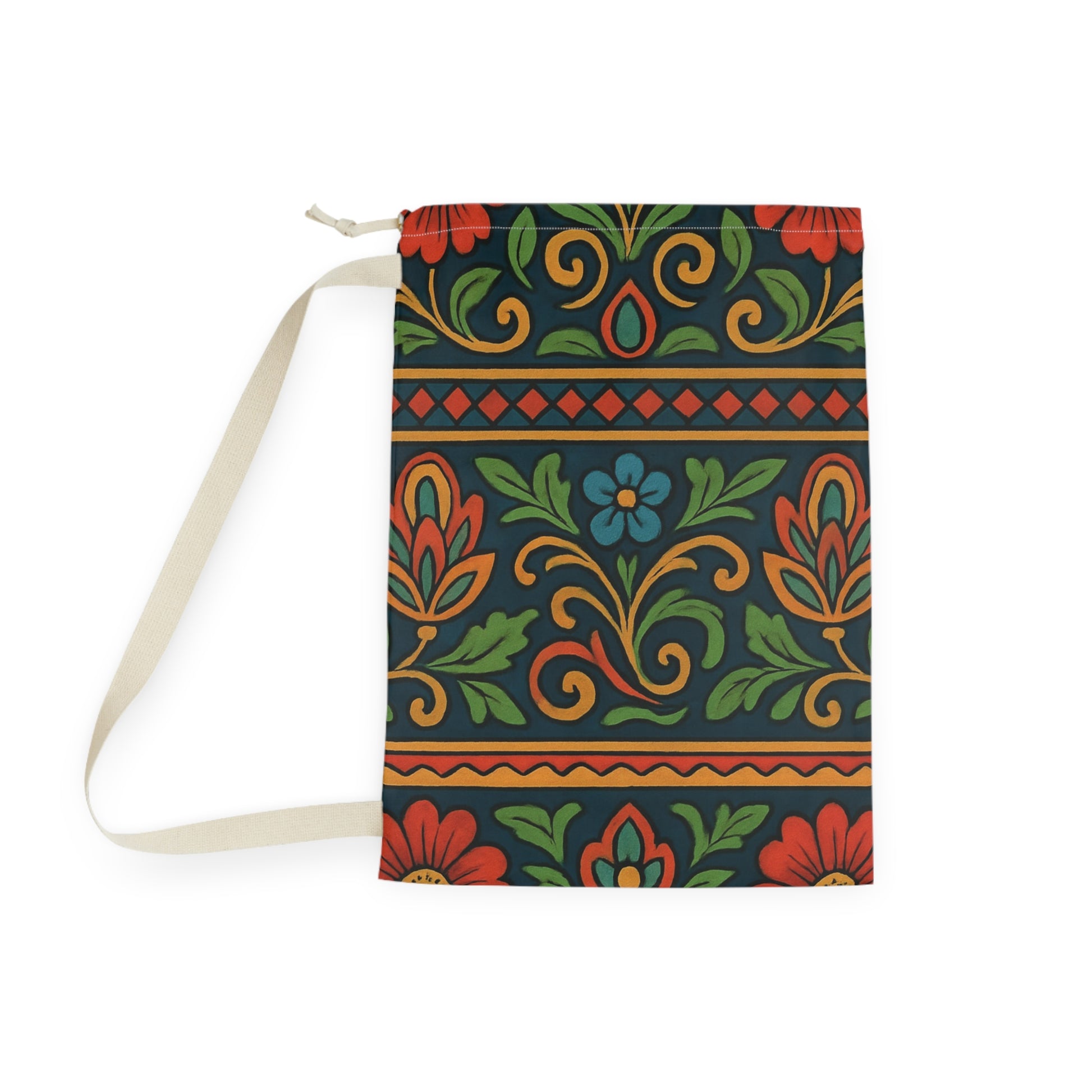 Boho floral pattern laundry bag with drawstring closure, printed by Printify, featuring colorful folk floral design.