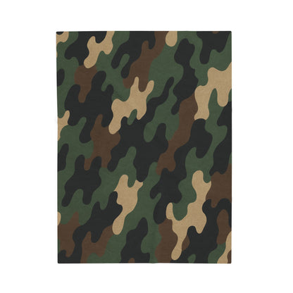 Camouflage velveteen plush blanket with all-over print, soft camo throw for camping, hunting, or cozy home use by Printify