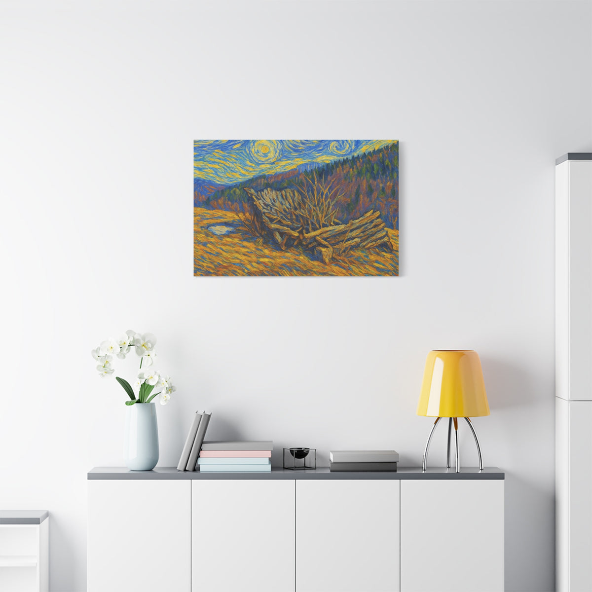 Impressionist Starry Landscape canvas print by Printify featuring a vibrant night sky scene with stars and rolling hills.