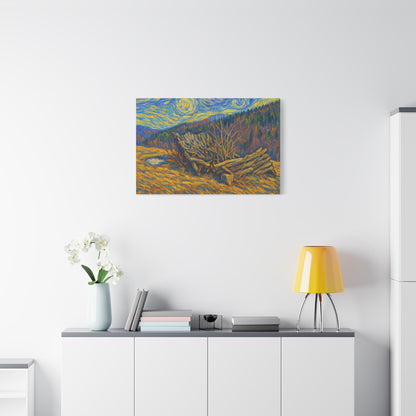 Impressionist Starry Landscape canvas print by Printify featuring a vibrant night sky scene with stars and rolling hills.