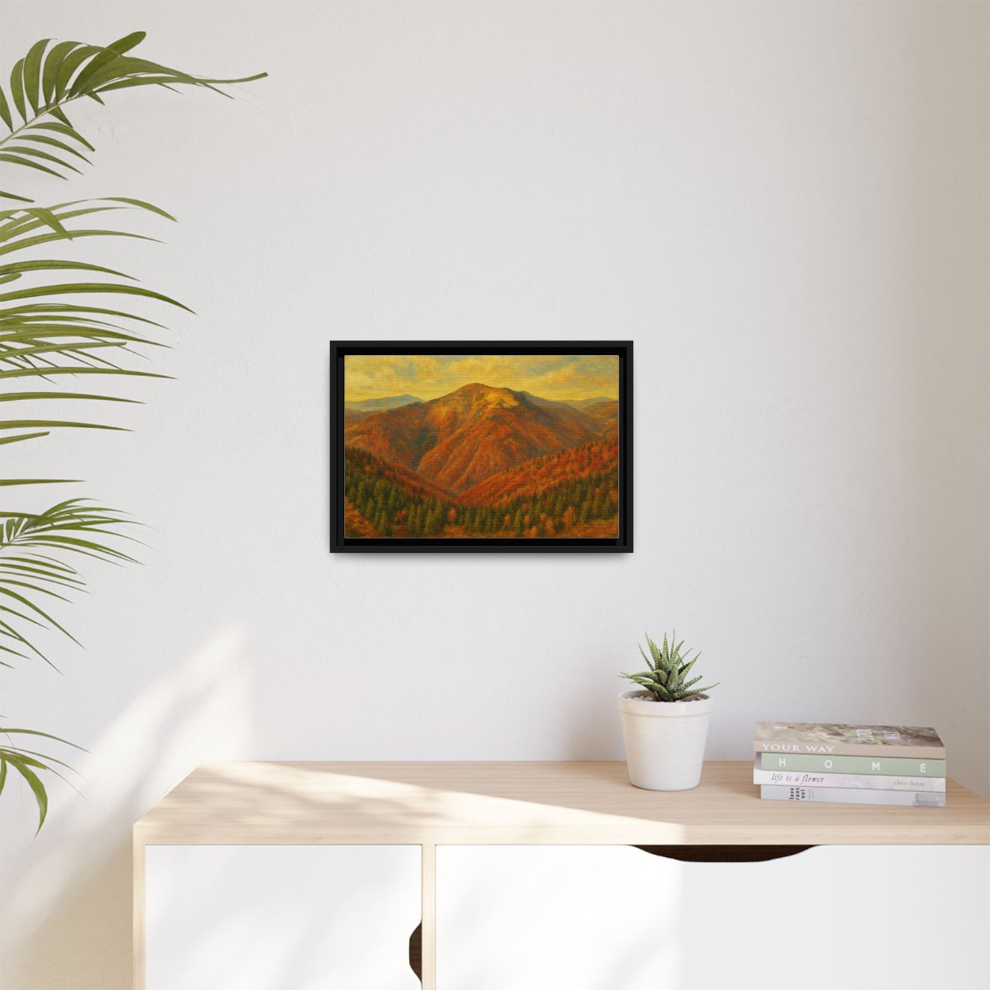 Autumn mountain matte canvas framed wall art by Printify featuring a scenic mountain landscape in warm tones.