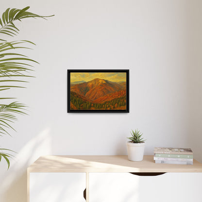 Autumn mountain matte canvas framed wall art by Printify featuring a scenic mountain landscape in warm tones.