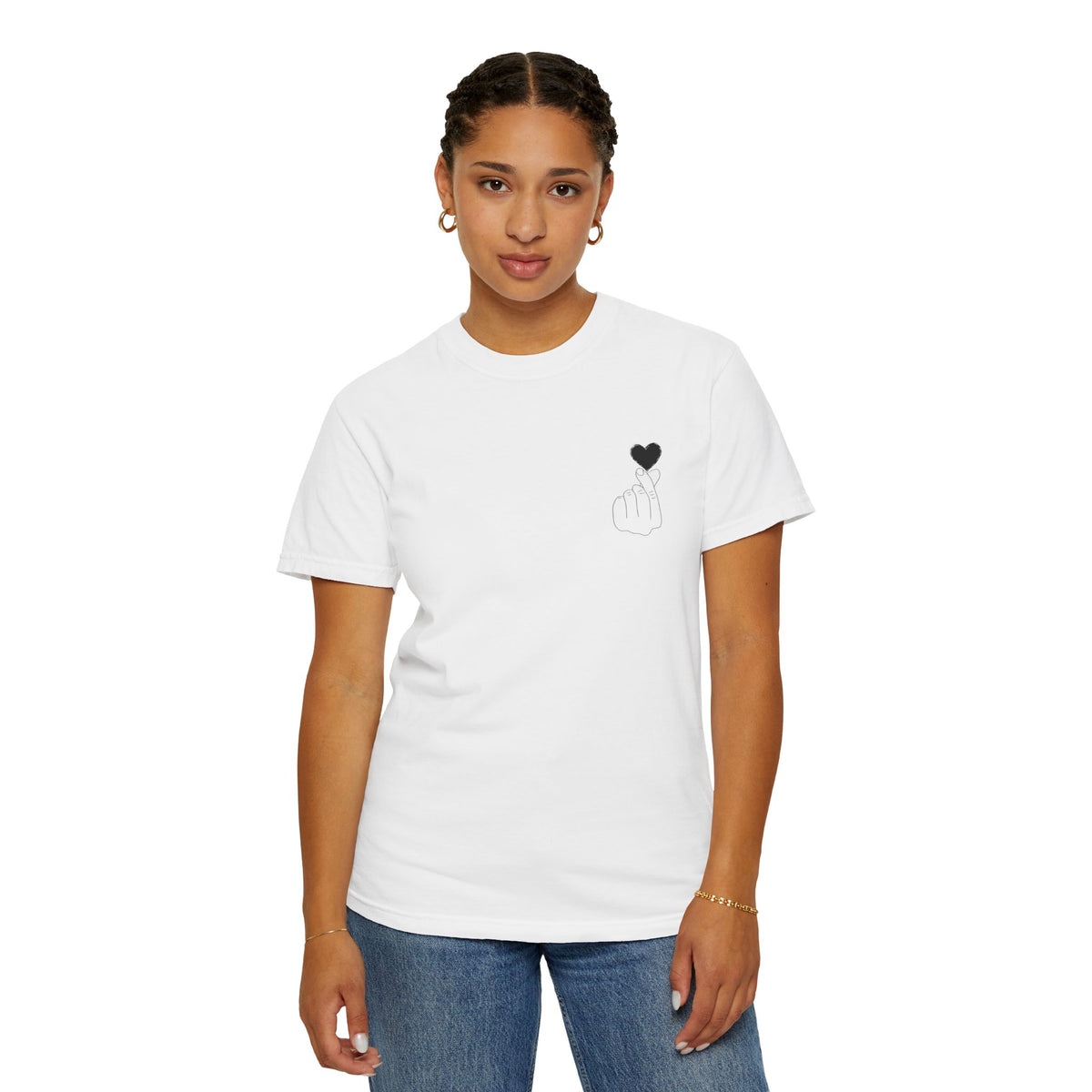 Black T-shirt featuring a minimal finger heart graphic design, perfect for casual wear, from Printify.