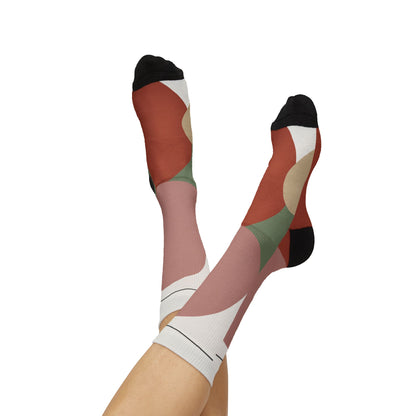 Abstract Geometric Floral Sublimation Socks | Colorblock Crew Socks