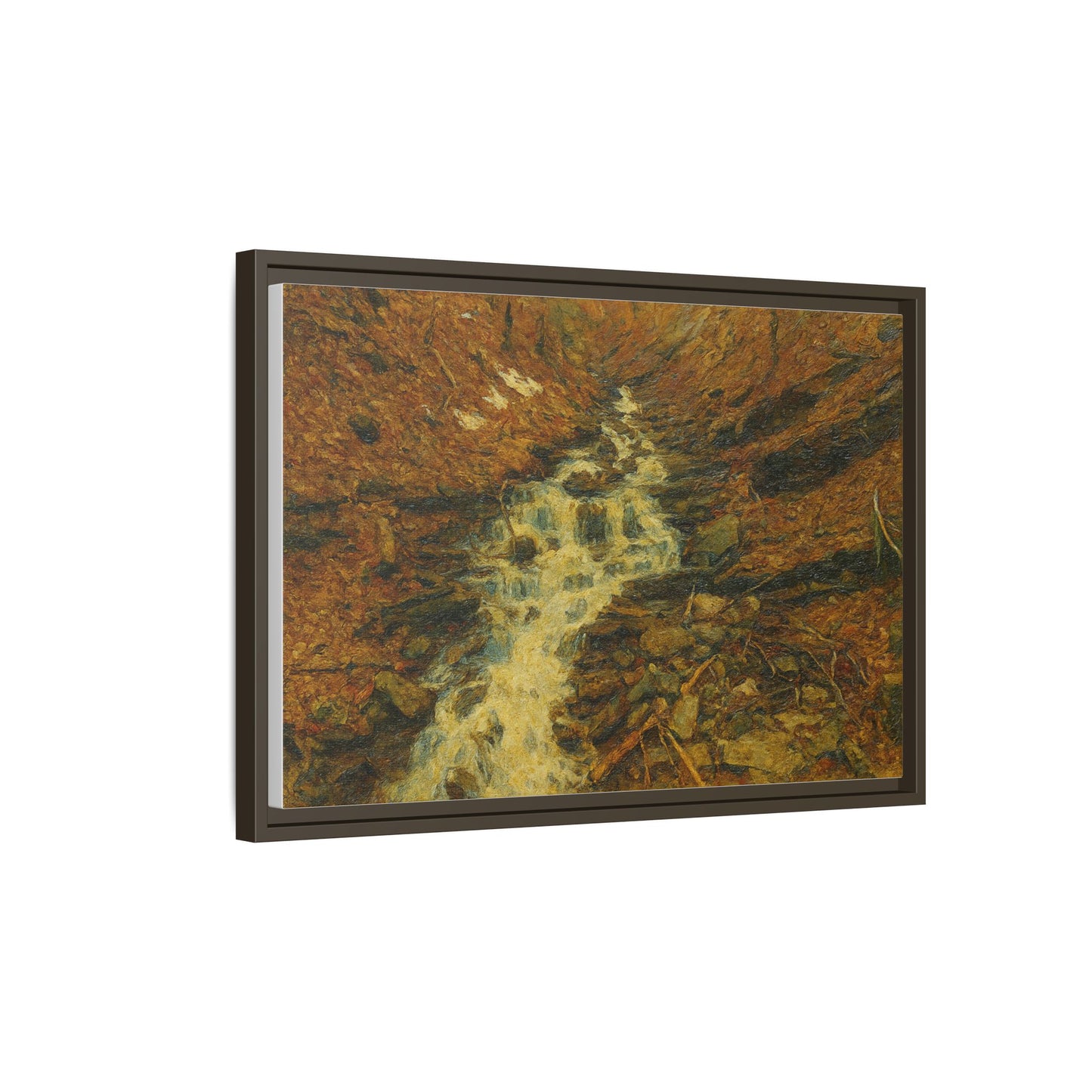 Framed matte canvas print of autumn stream landscape artwork by Printify, showcasing vibrant fall colors and serene nature scenery.