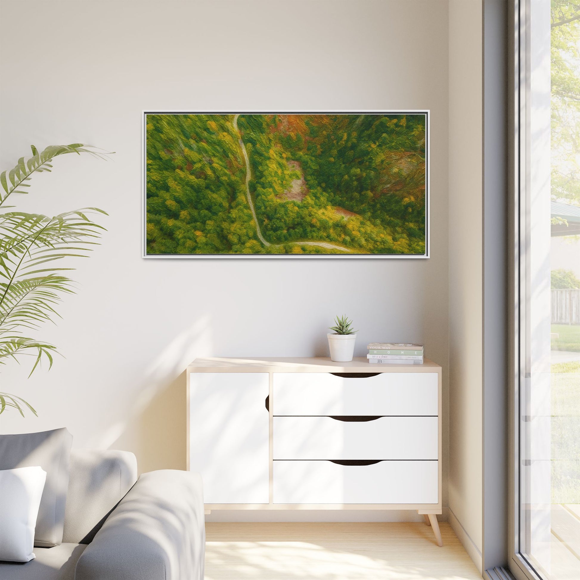 Colorful framed matte canvas wall art featuring an aerial forest path landscape, showcasing vibrant multi-color nature scenery.