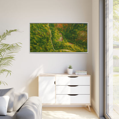 Colorful framed matte canvas wall art featuring an aerial forest path landscape, showcasing vibrant multi-color nature scenery.