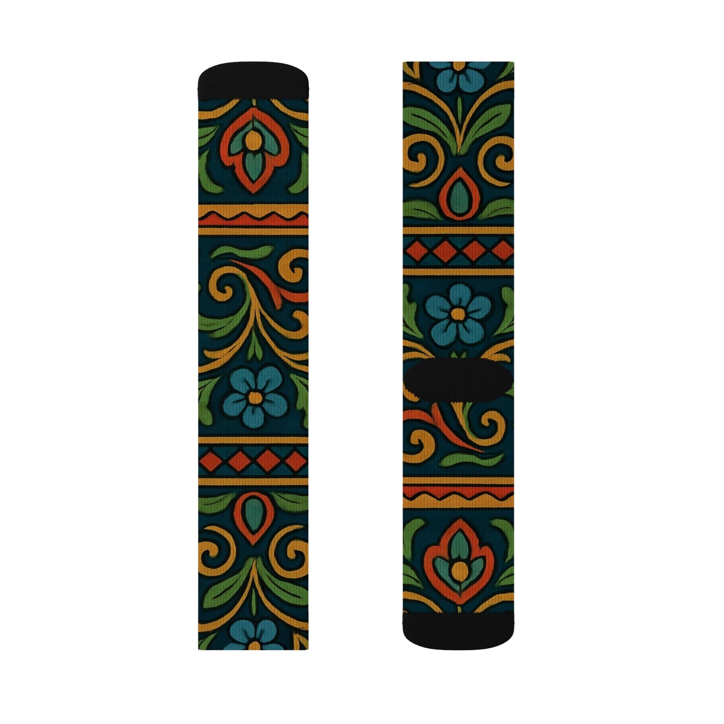 Victorian floral tile sublimation crew socks with all-over floral pattern by Printify, featuring vibrant, detailed floral tile design.