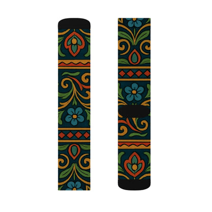 Victorian floral tile sublimation crew socks with all-over floral pattern by Printify, featuring vibrant, detailed floral tile design.