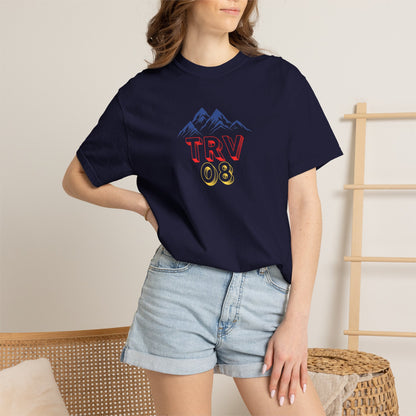 Unisex garment-dyed T-shirt with TRV08 Logo print by Printify, showcasing soft fabric and casual fit in natural color.