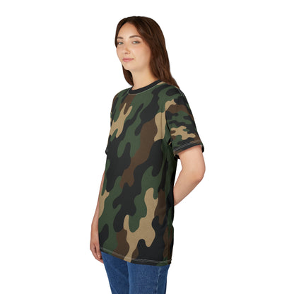 Printify woodland camouflage all-over print tee featuring a classic woodland camouflage pattern on a casual shirt.