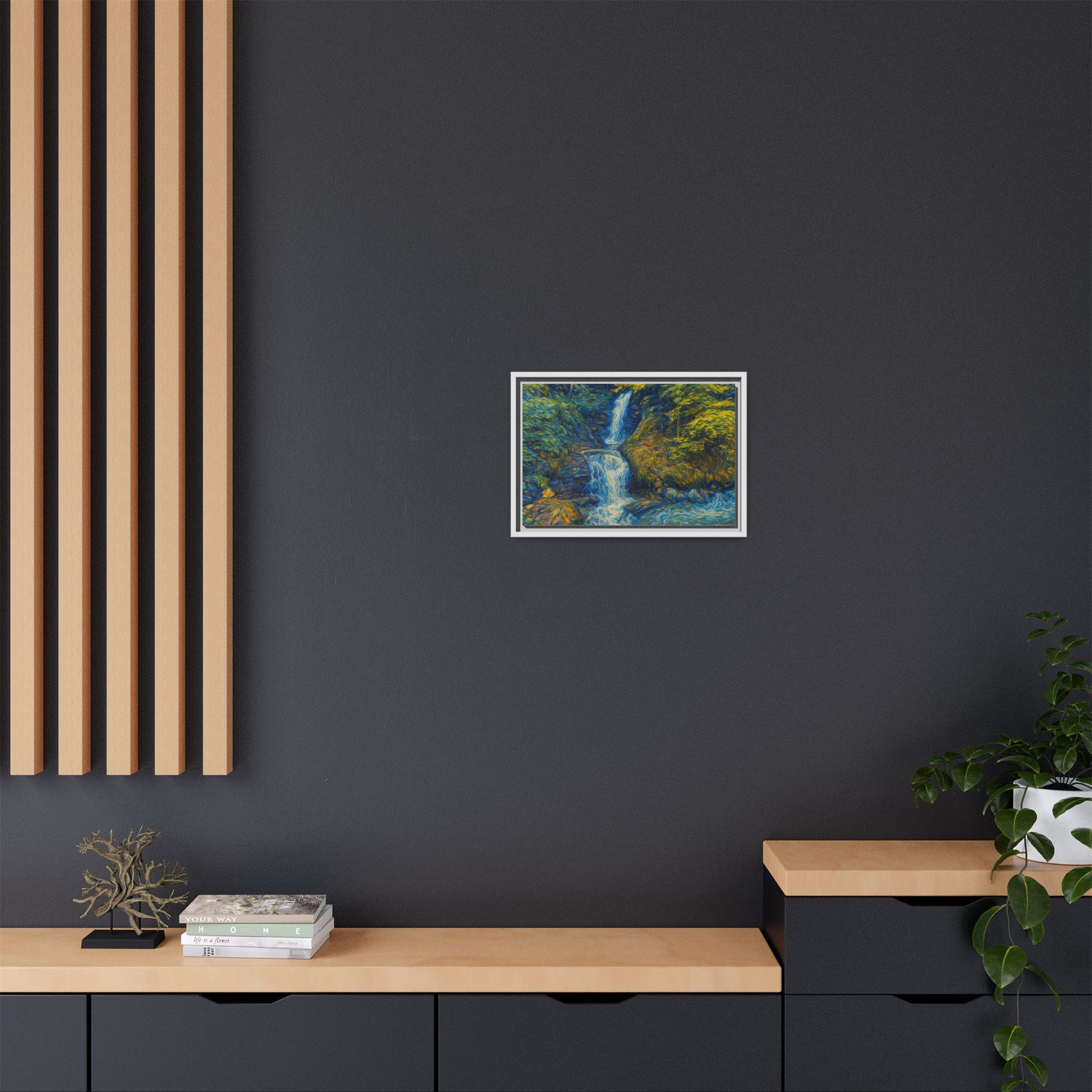 Framed matte canvas print of impressionist waterfall wall art by Printify, featuring colorful flowing water scene.