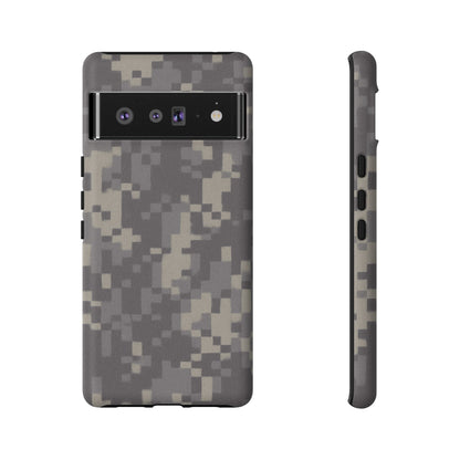 Printify camouflage tough phone case with rugged digital camo design, providing durable protection for a smartphone.