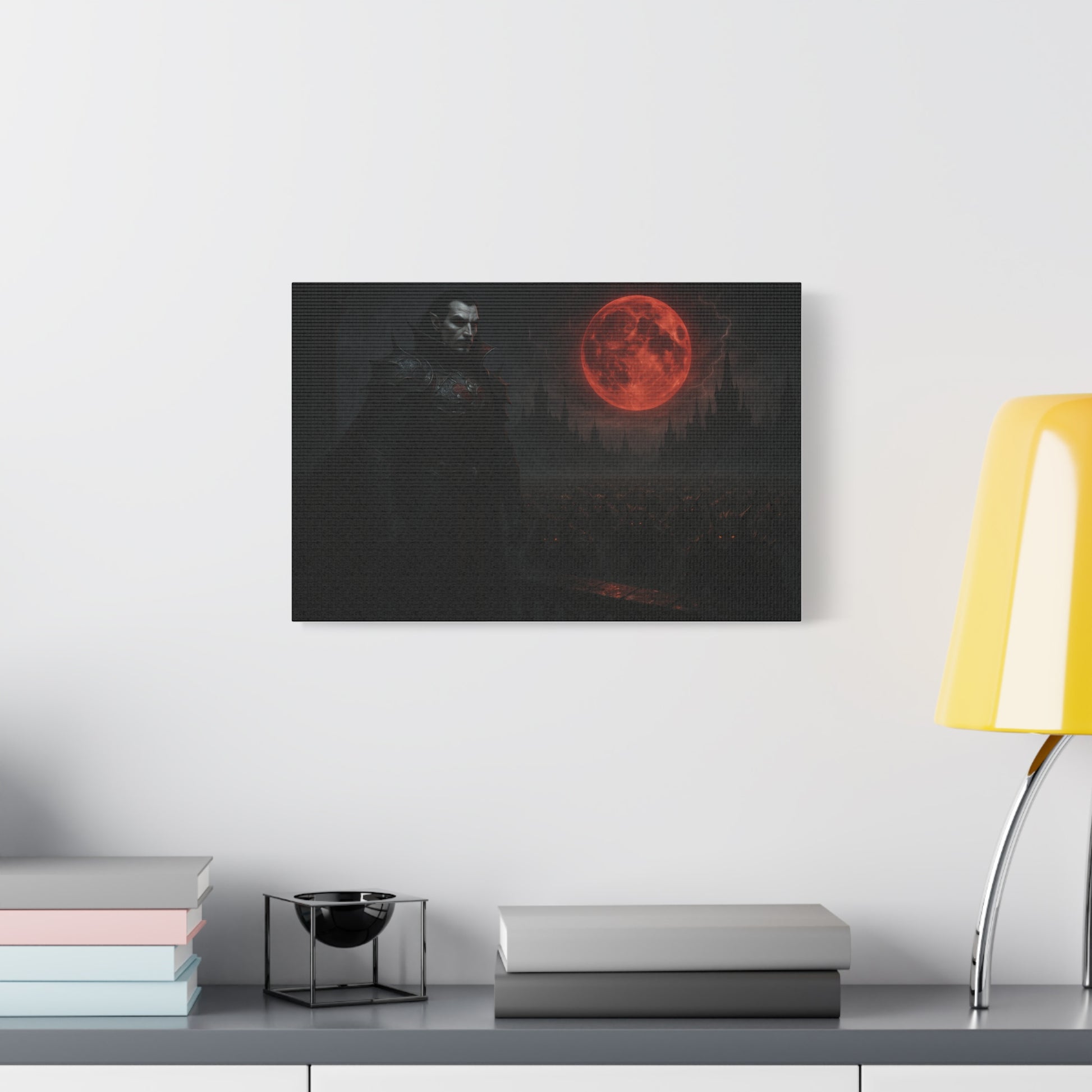 Red moon vampire lord matte canvas print featuring dark, eerie artwork on a high-quality canvas for gothic home decor.