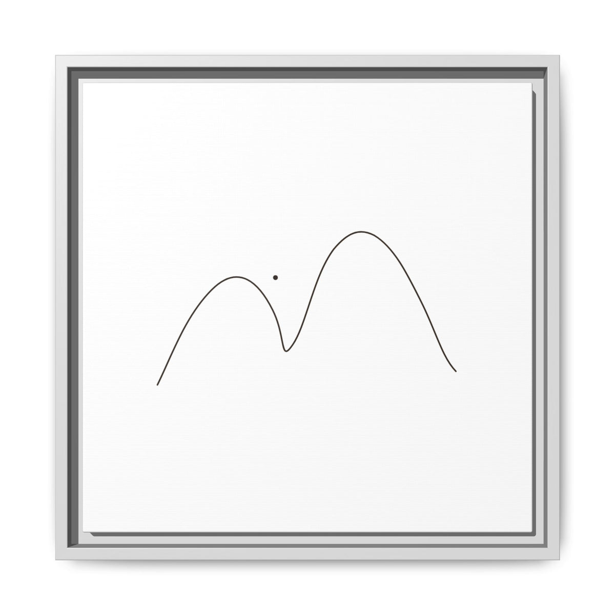 Framed minimalist mountain line art on matte canvas by Printify, showcasing simple black mountain outline on white background.
